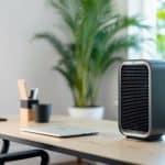 Um purificador de ar elegante em uma mesa moderna e livre de bagunça, cercado por ar limpo e fresco e uma sensação de tranquilidade.
