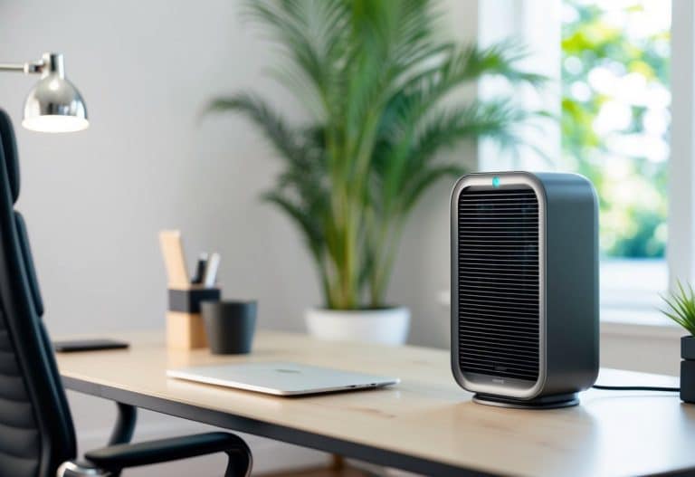 Um purificador de ar elegante em uma mesa moderna e livre de bagunça, cercado por ar limpo e fresco e uma sensação de tranquilidade.