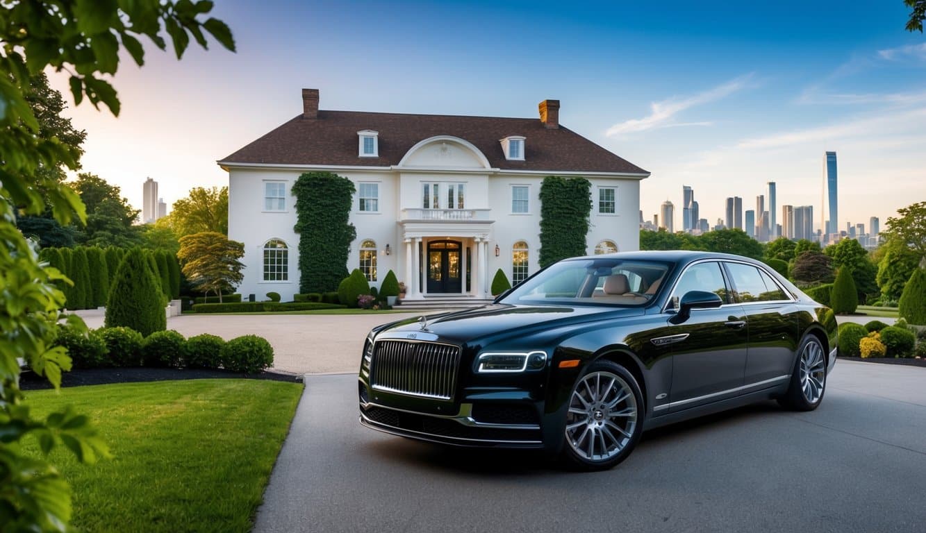 Uma grande mansão com um carro luxuoso estacionado na entrada, cercada por uma vegetação exuberante e com uma vista do horizonte da cidade ao fundo.