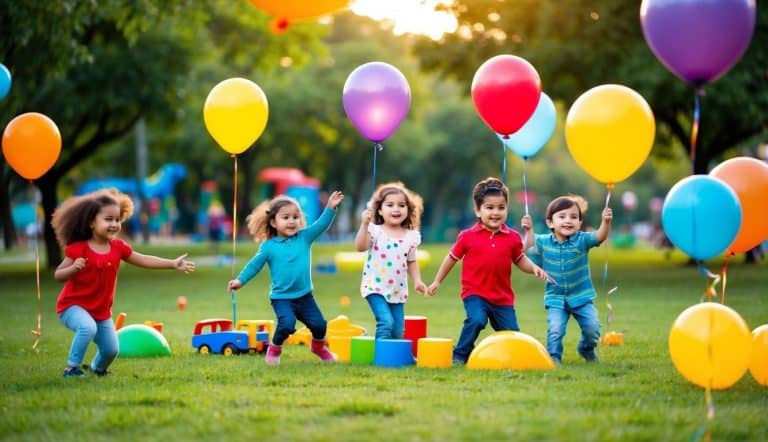 Crianças brincando em um parque colorido com balões, brinquedos e uma atmosfera festiva para o Dia das Crianças 2025
