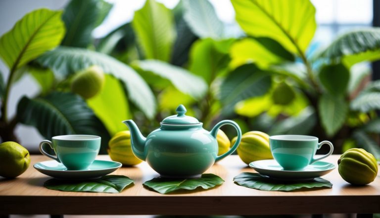 Uma mesa posta com uma chaleira, xícara e pires, cercada por frutas e folhas de graviola frescas