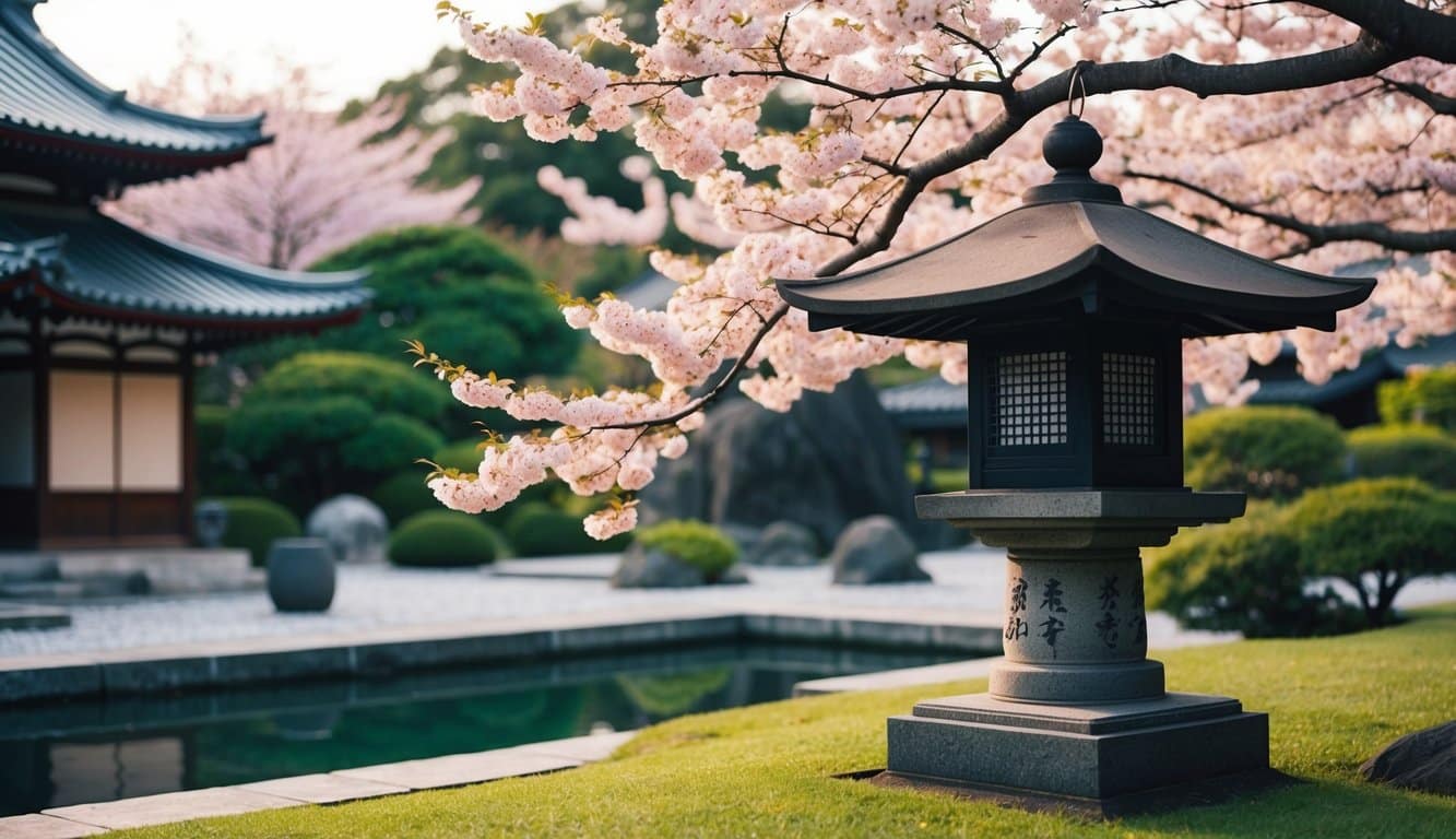 Um jardim japonês tradicional com uma lanterna de pedra e uma árvore de flor de cerejeira