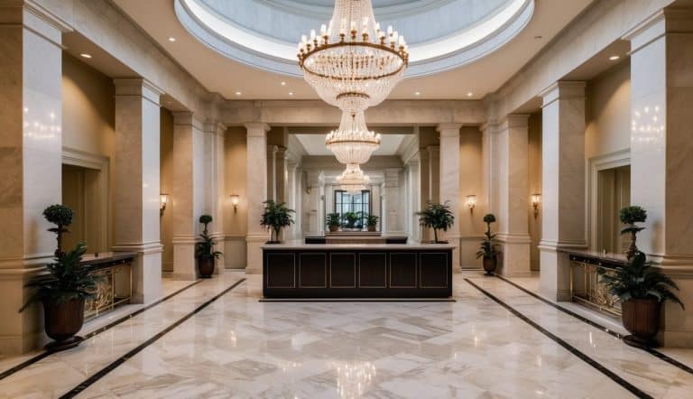 Um grande saguão com pisos de mármore, um lustre e uma recepção.