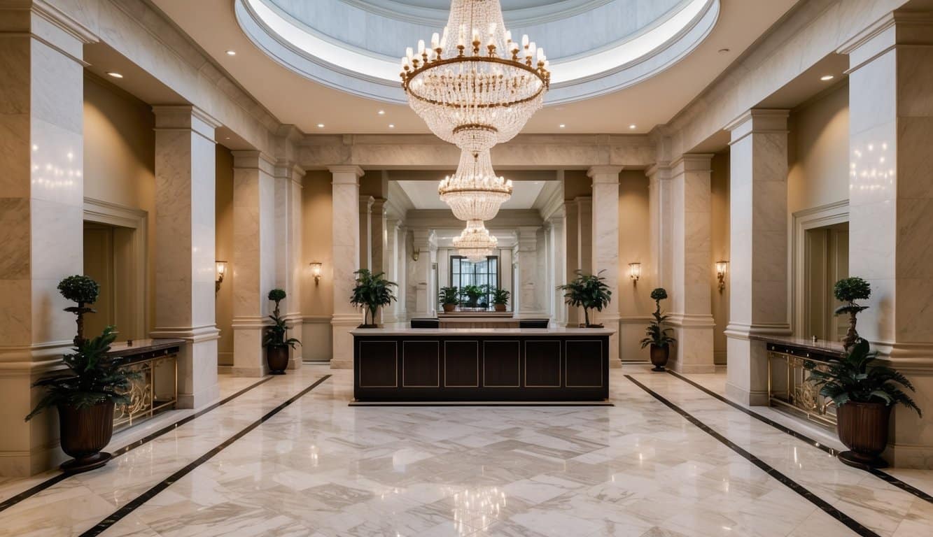 Um grande saguão com pisos de mármore, um lustre e uma recepção.