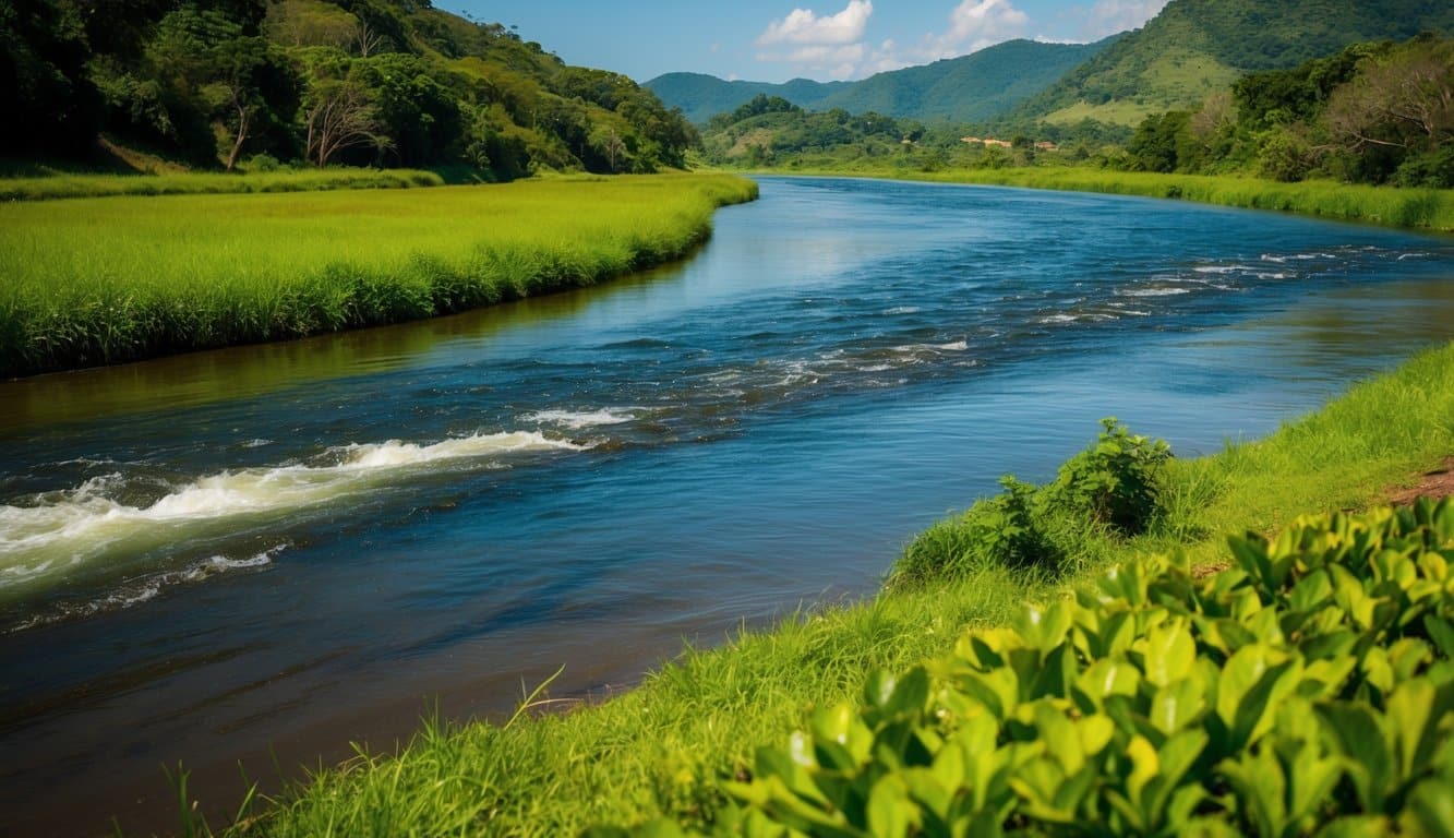 Um rio sereno fluindo através da paisagem verdejante de Sobral, Ceará