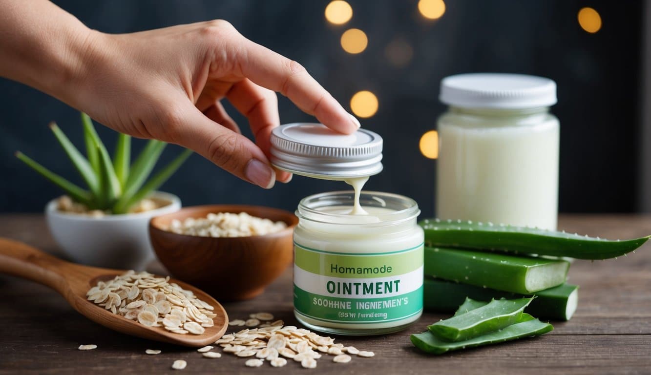 Uma mão alcançando um pote de pomada caseira com ingredientes calmantes, cercada por remédios naturais como aveia e aloe vera