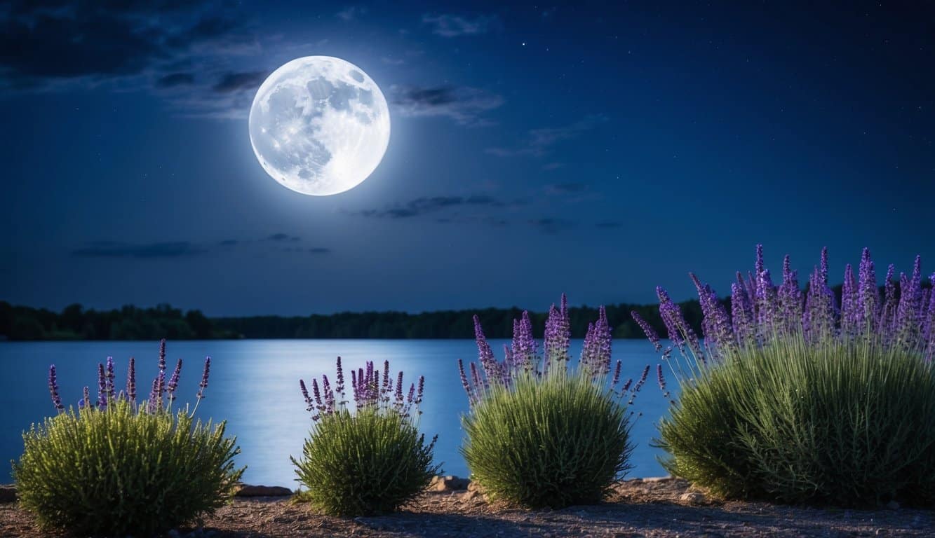 Uma cena noturna serena com um céu iluminado pela lua, um corpo de água calmo e um aglomerado de plantas de lavanda relaxantes