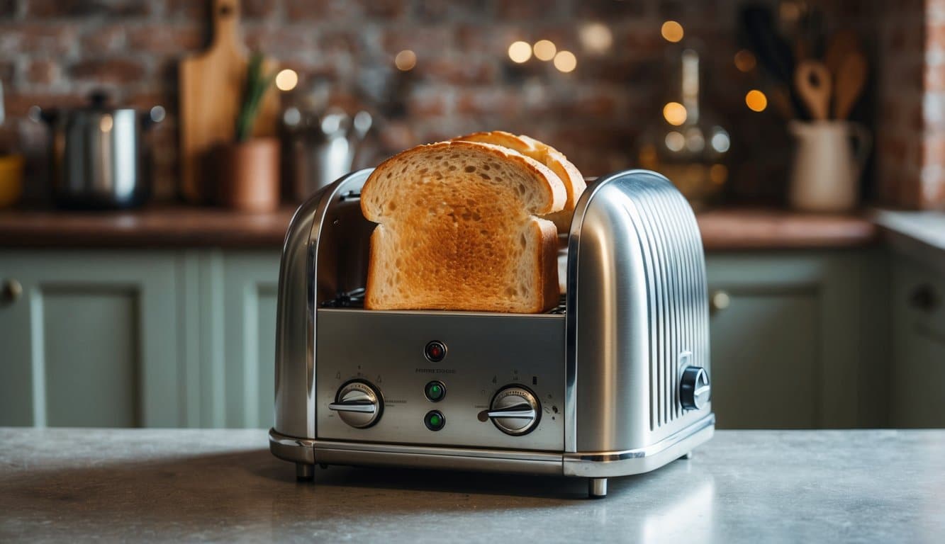 Uma fatia de pão torrando em uma torradeira vintage em uma bancada de cozinha rústica