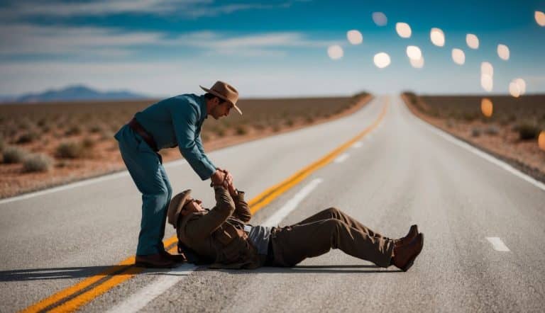 Uma figura ajuda um viajante caído em uma estrada deserta