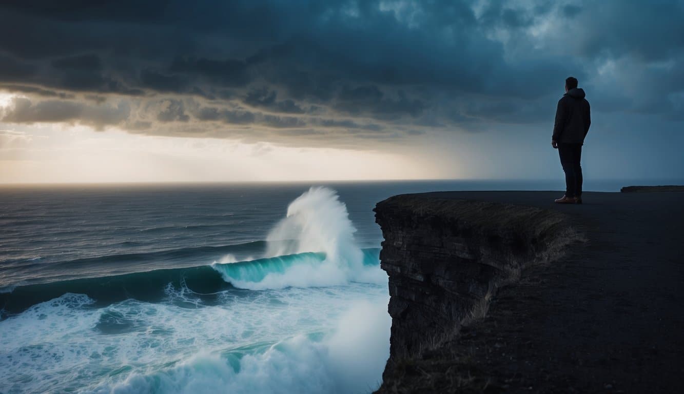 Uma figura solitária em pé em um penhasco, contemplando a vasta extensão do oceano abaixo, com ondas quebrando e céus tempestuosos criando uma sensação constante de borboletas no estômago.