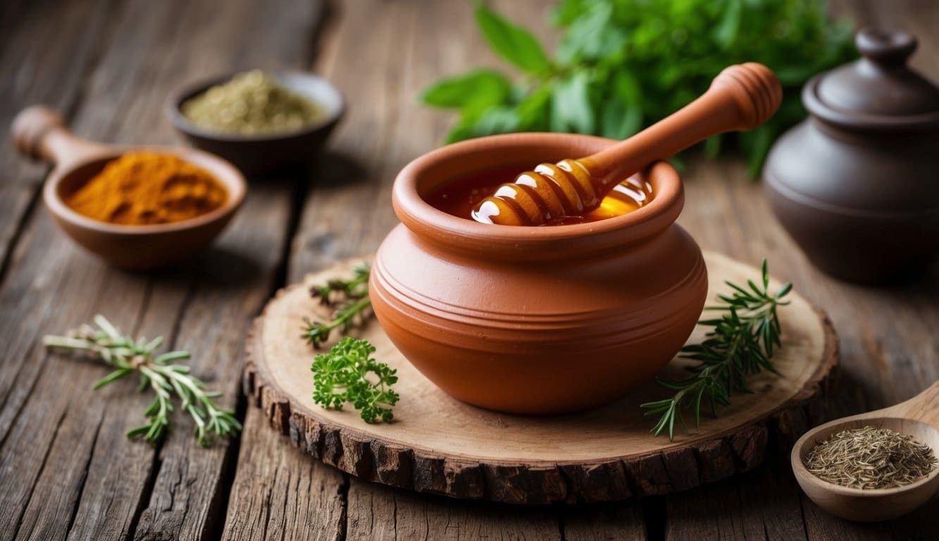 Um pote de barro cheio de mel, colocado sobre uma mesa de madeira rústica, cercado por ervas e especiarias antigas.