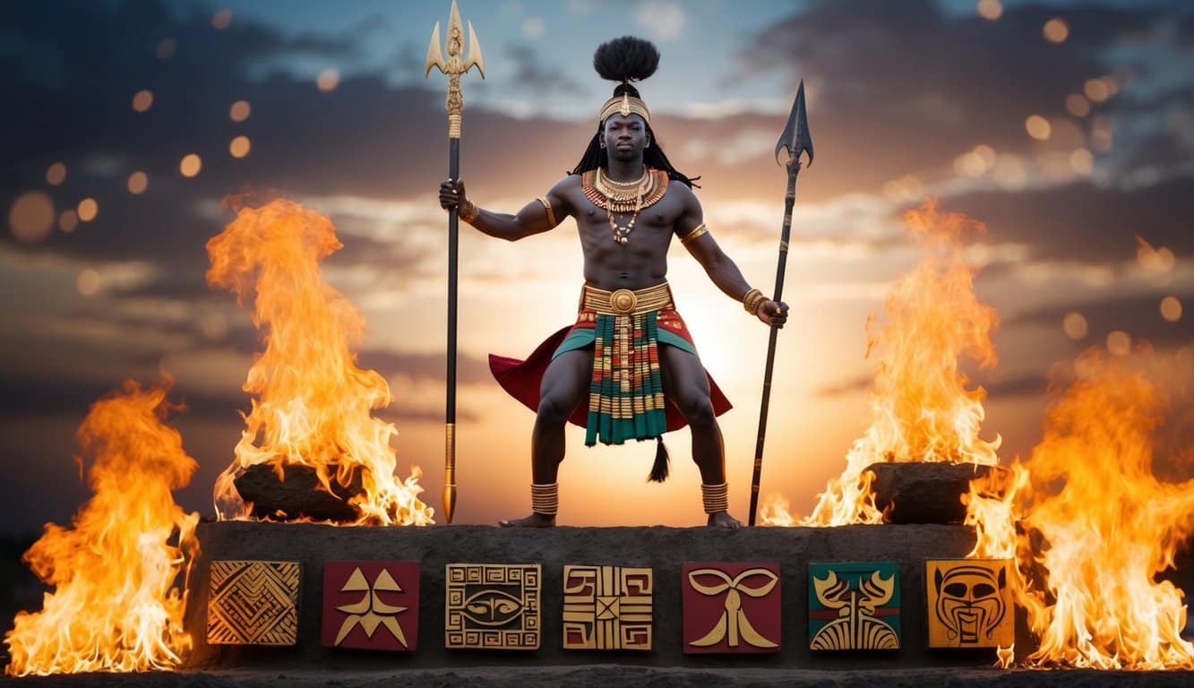 Uma deidade poderosa se ergue, brandindo uma lança poderosa, cercada por chamas e adornada com símbolos africanos tradicionais.
