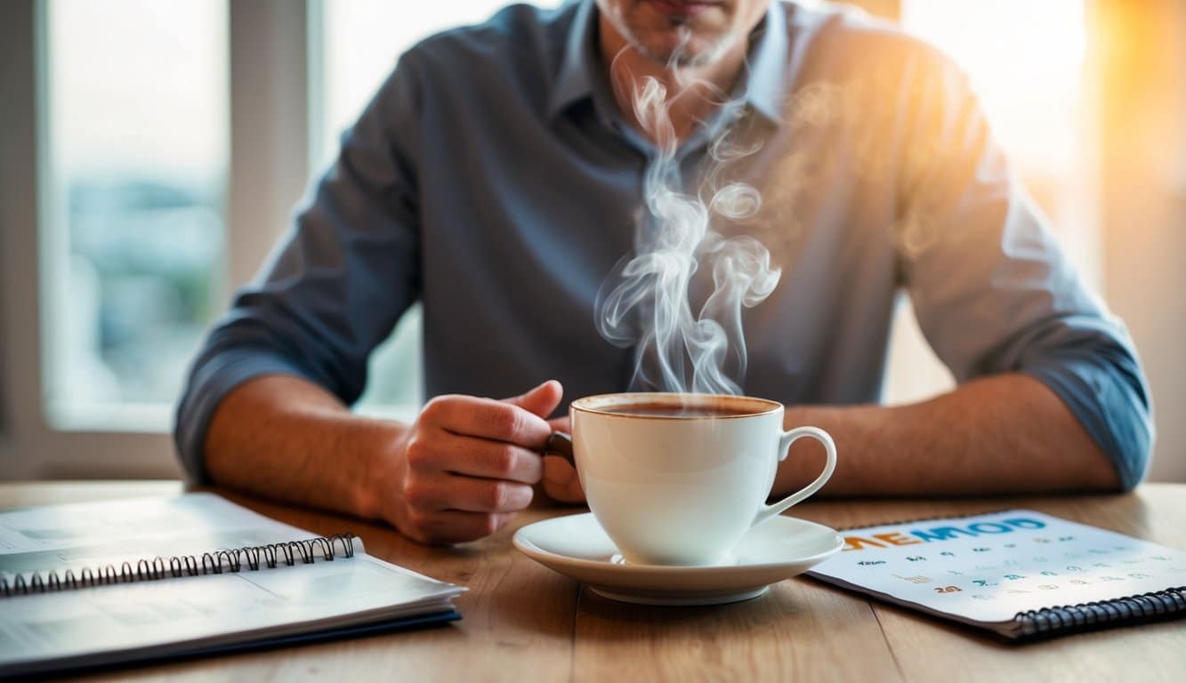 Uma pessoa sentada à mesa com uma xícara fumegante de chá de canela, cercada por um calendário e uma expressão preocupada.
