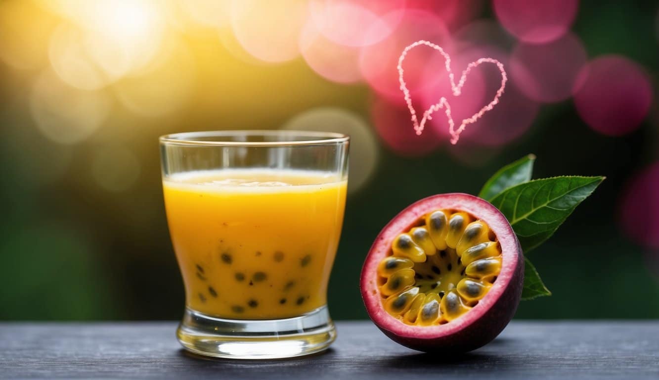 Um copo de suco de maracujá ao lado de um coração batendo