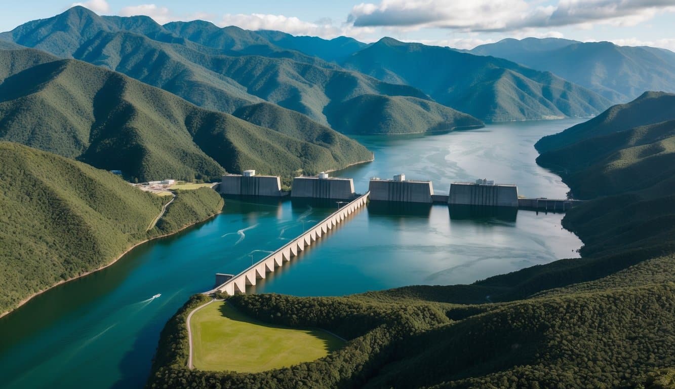 Vista aérea de usinas hidrelétricas brasileiras aninhadas entre montanhas verdes exuberantes e rios que fluem