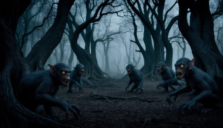 Criaturas feias em uma floresta escura e retorcida, com árvores retorcidas e névoa assustadora