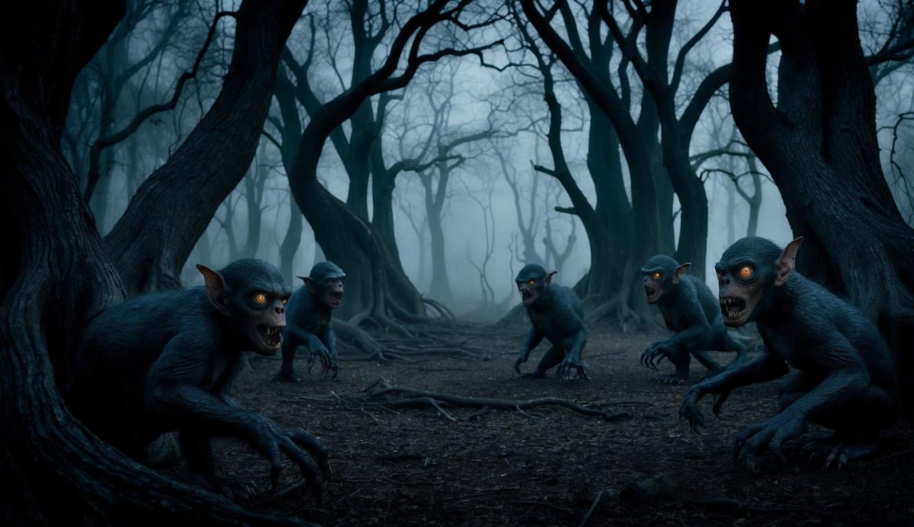 Criaturas feias em uma floresta escura e retorcida, com árvores retorcidas e névoa assustadora