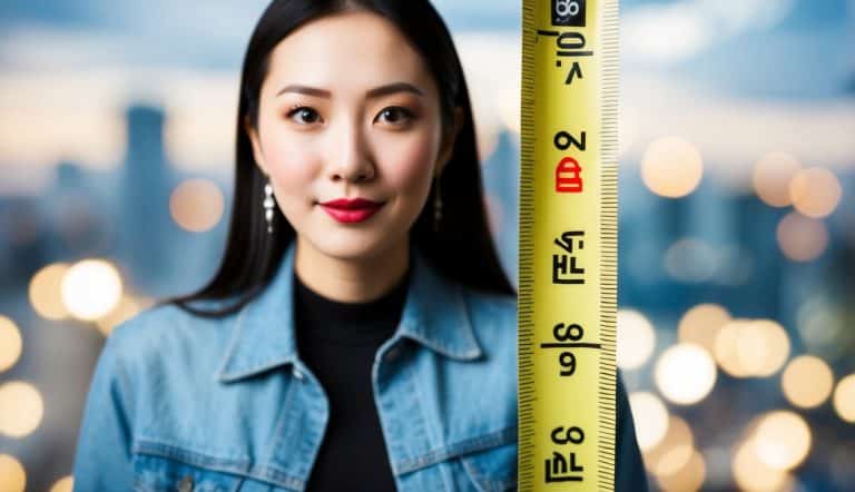 Uma fita métrica esticada para cima para capturar a altura de Hyunjin, com uma indicação clara da medida.