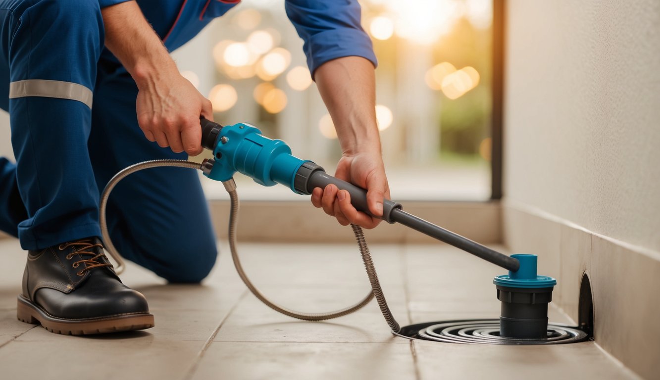 Um encanador usando uma serpentina para desentupir um cano de esgoto entupido