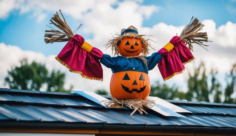 Um espantalho com braços balançando e materiais reflexivos no telhado