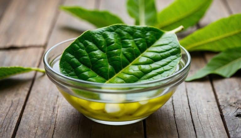 Uma folha de goiaba repousa em uma tigela de água para um banho de assento herbal relaxante.