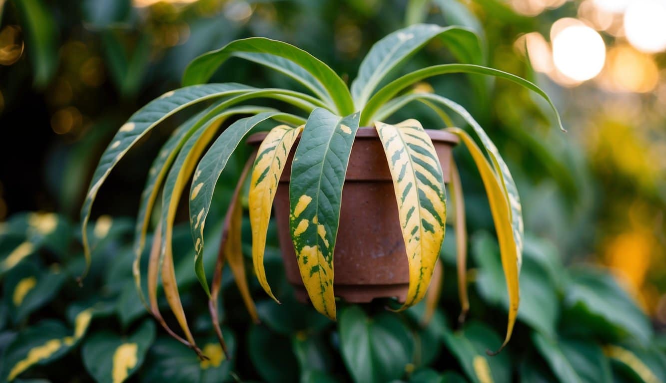 Uma planta Potó com folhas murchas e manchas amareladas
