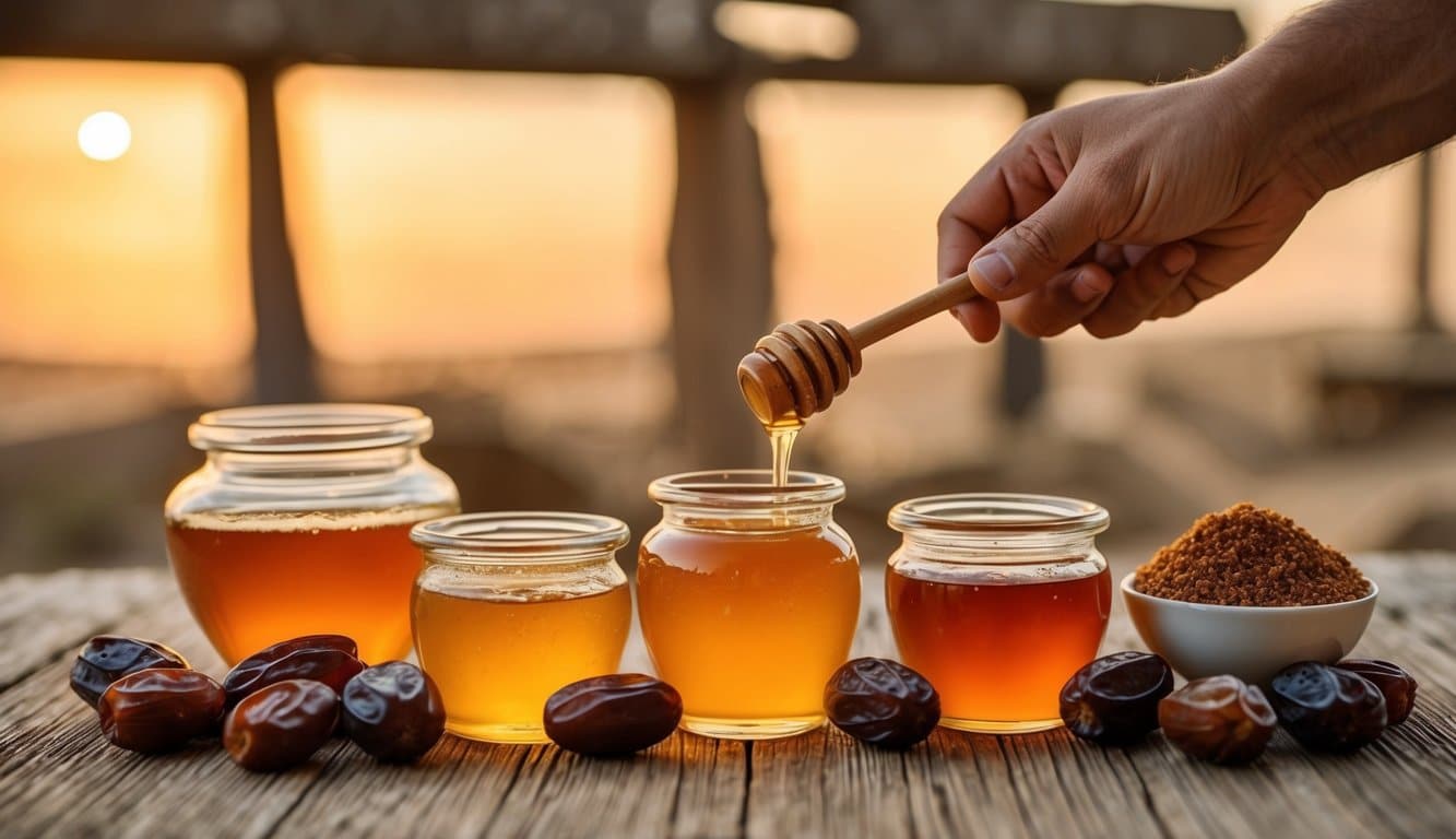 Civilizações antigas reunindo e processando adoçantes naturais como mel e tâmaras