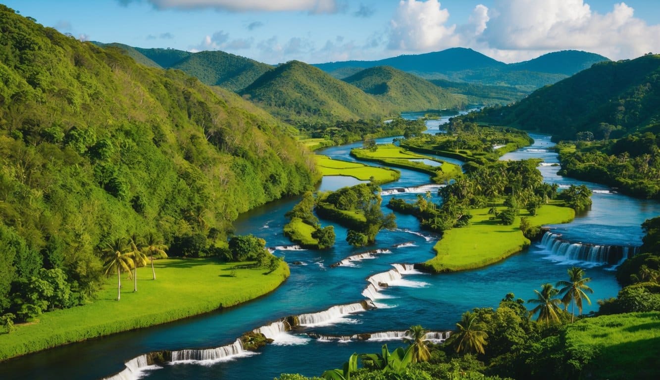 Uma paisagem tropical exuberante com rios sinuosos e cachoeiras em cascata cercadas por florestas densas e colinas onduladas