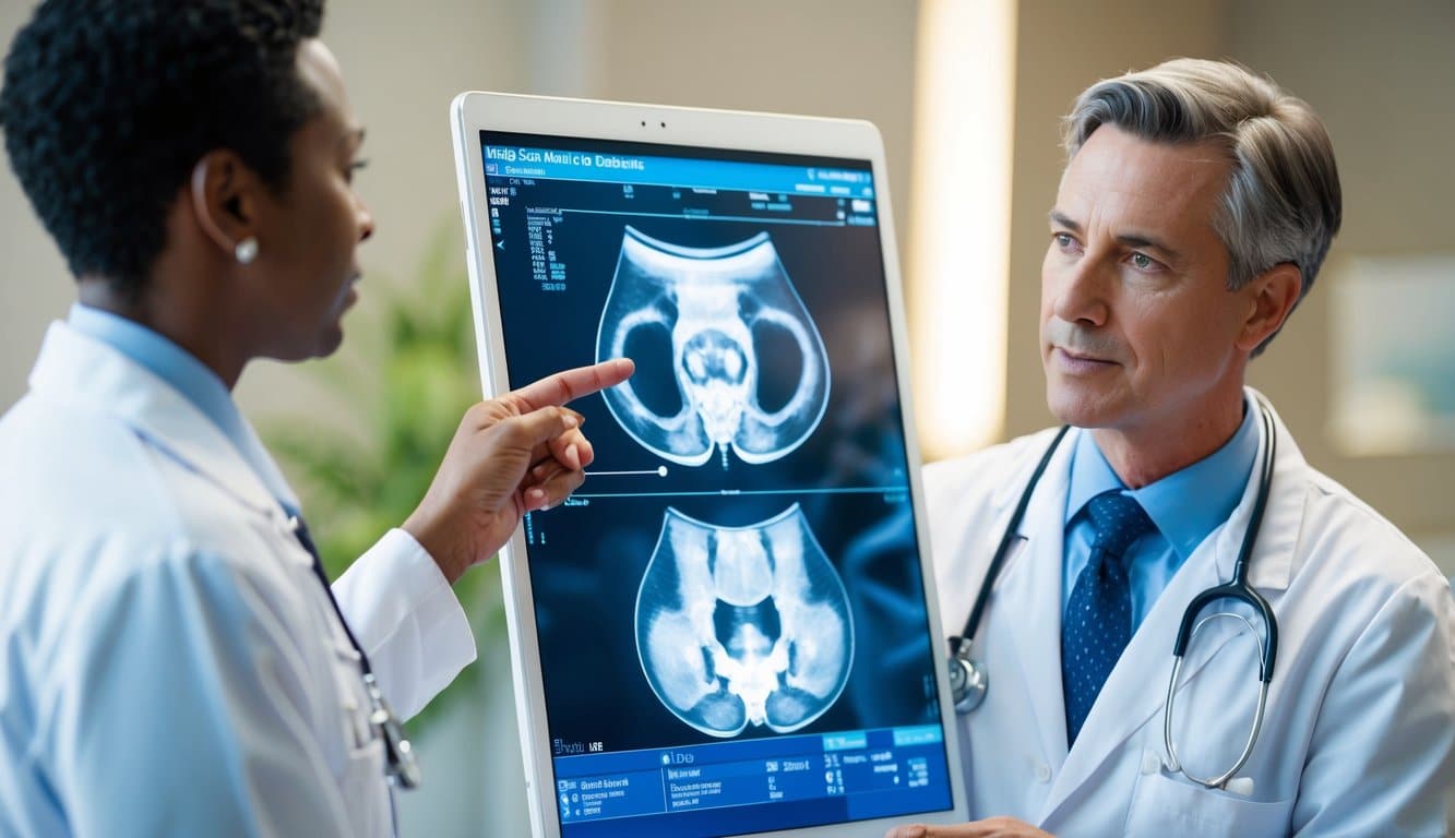 Um médico examinando uma imagem médica da área pélvica, apontando para o saco de Douglas enquanto discute diagnóstico, tratamento e prevenção.