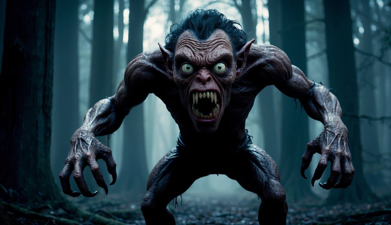 Uma criatura grotesca com olhos saltados e membros retorcidos está em uma floresta escura e ominosa. Suas características deformadas e aura ameaçadora a tornam uma figura memorável na cultura pop.