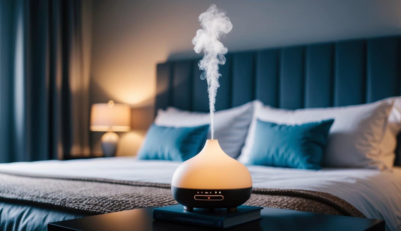 Um quarto tranquilo com iluminação suave, uma cama aconchegante e um difusor de aroma relaxante