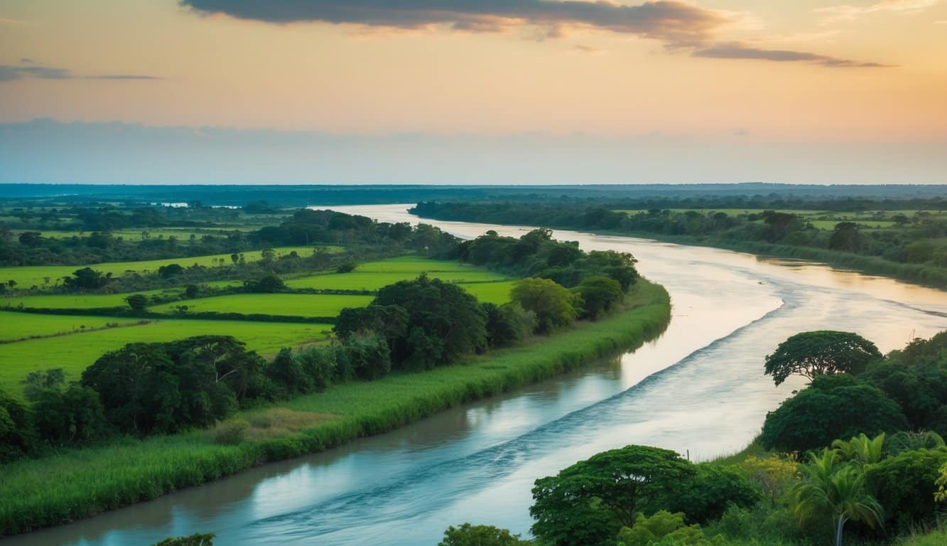Um rio sereno fluindo através da paisagem verdejante de Sobral, Ceará, com uma flora e fauna diversas ao longo de suas margens.