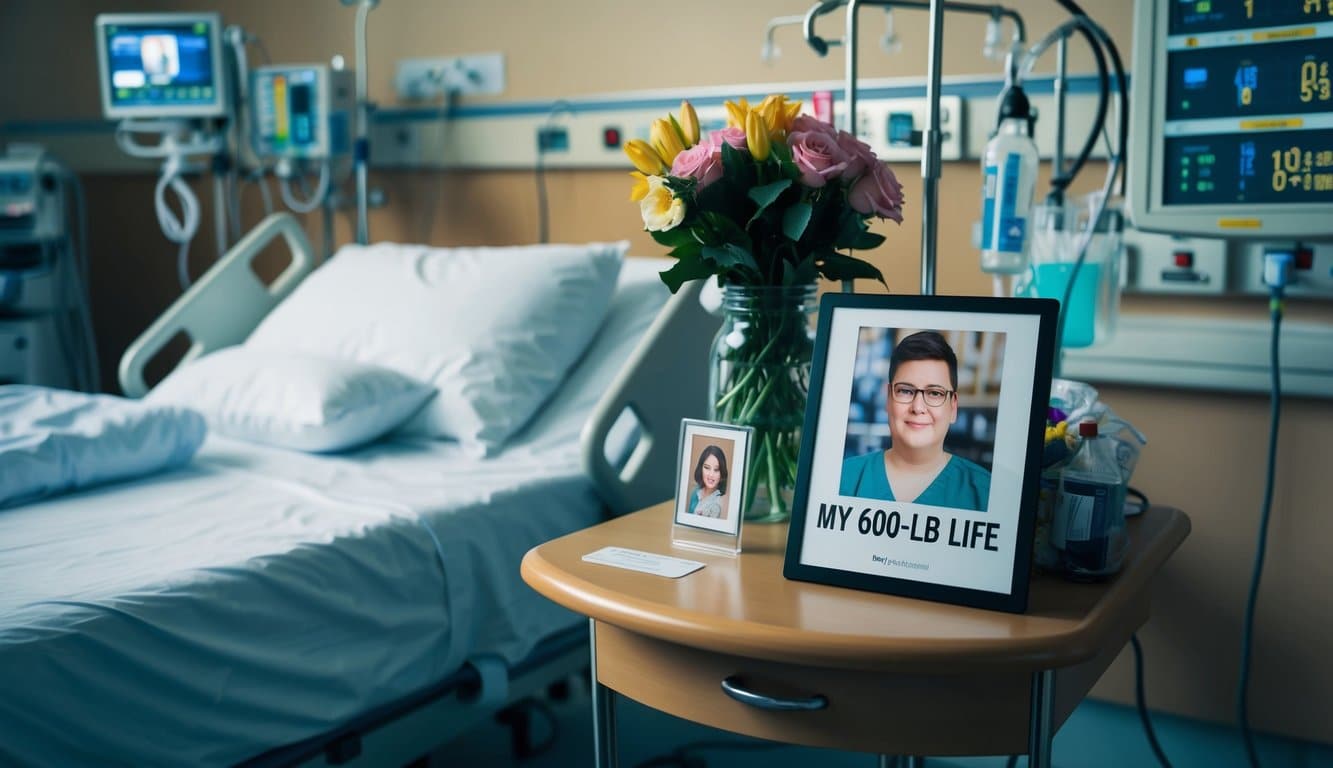 Um quarto de hospital sombrio com equipamentos médicos e flores, uma foto de Penny de "My 600-lb Life" na mesa de cabeceira