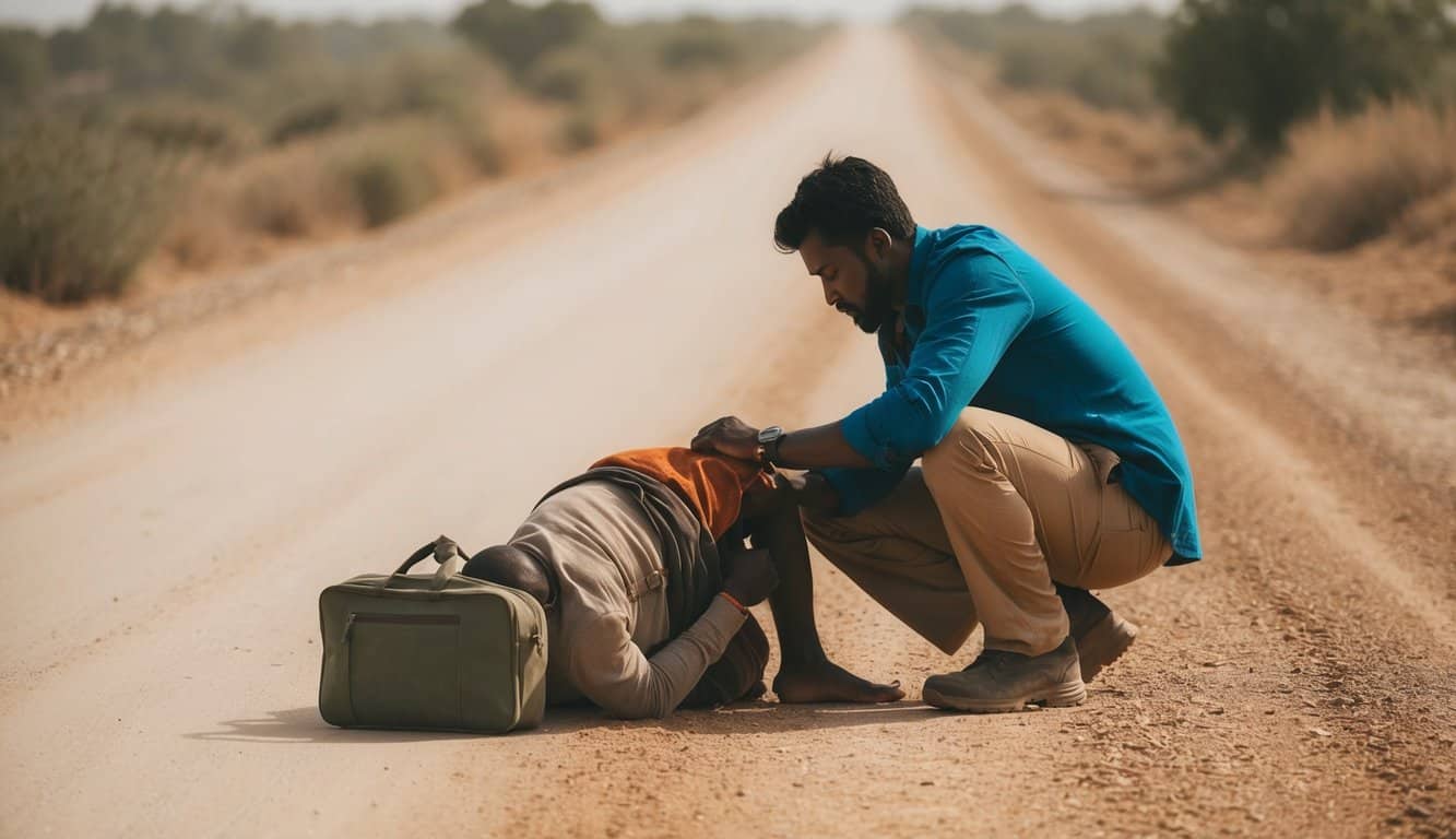 Um viajante cuidando de um estranho ferido em uma estrada empoeirada
