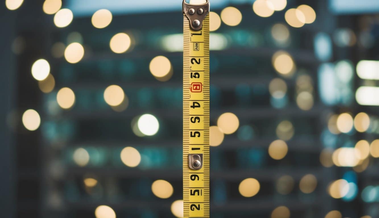 Uma fita métrica suspensa verticalmente, com a ponta pendurada na altura de Hyunjin.