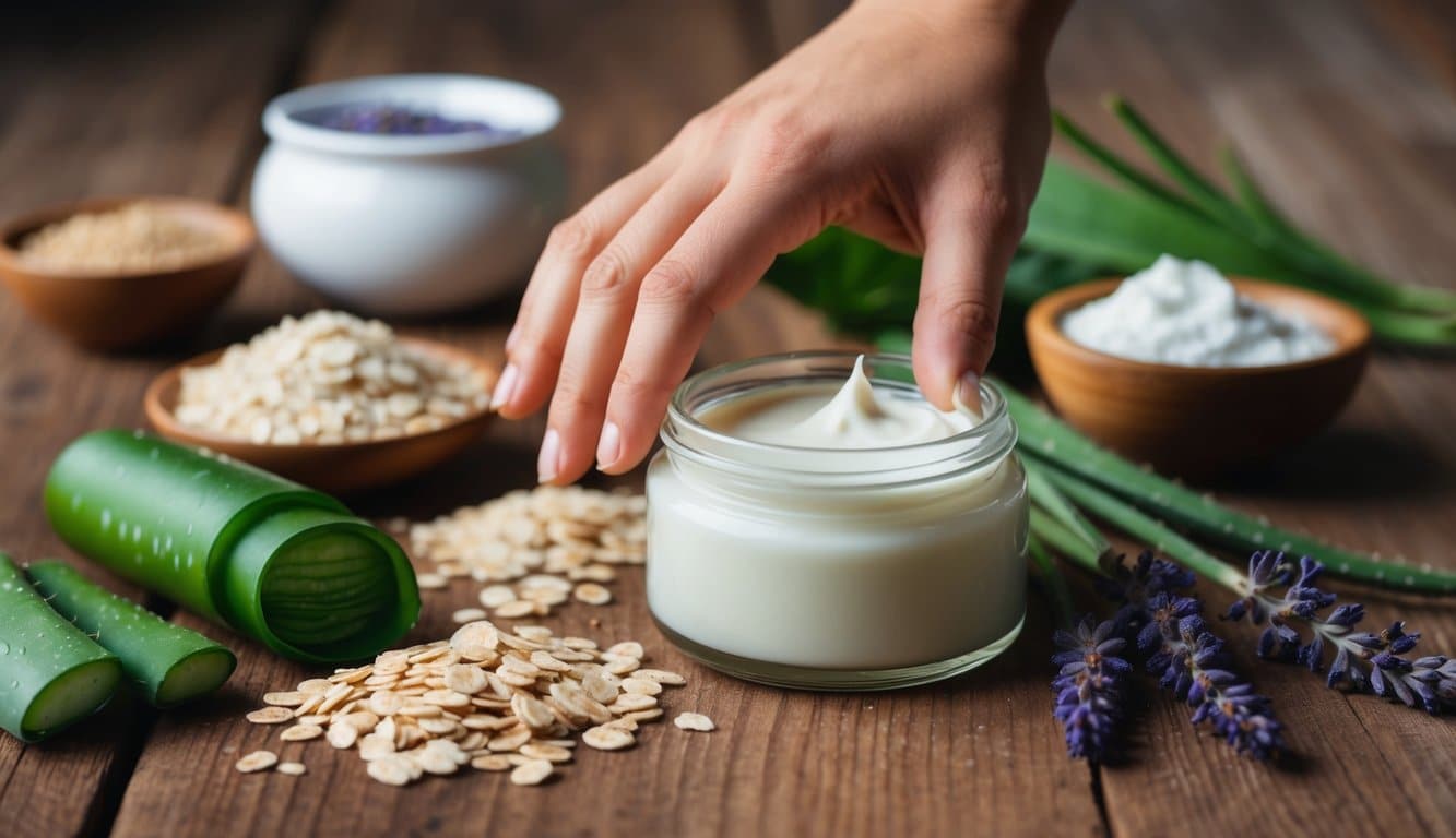 A mão de uma pessoa alcançando um pote de creme calmante em uma mesa de madeira cercada por vários ingredientes naturais como aveia, aloe vera e lavanda.