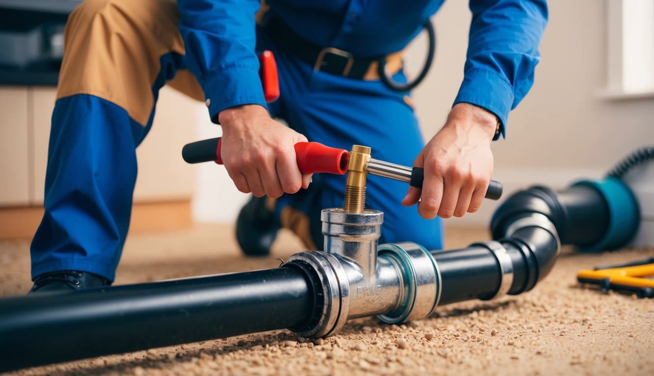 Um encanador profissional usando uma variedade de ferramentas para desobstruir um cano de esgoto entupido