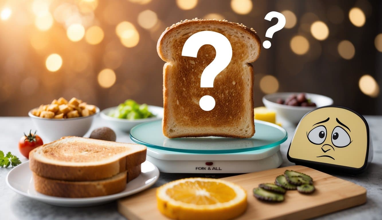 Uma fatia de torrada com um ponto de interrogação acima dela, cercada por vários itens alimentares e uma balança, com uma expressão perplexa no rosto da balança