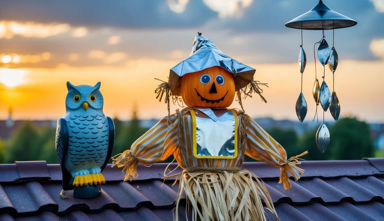Um espantalho com materiais reflexivos no telhado, uma coruja falsa e um sininho de vento para afastar pombos