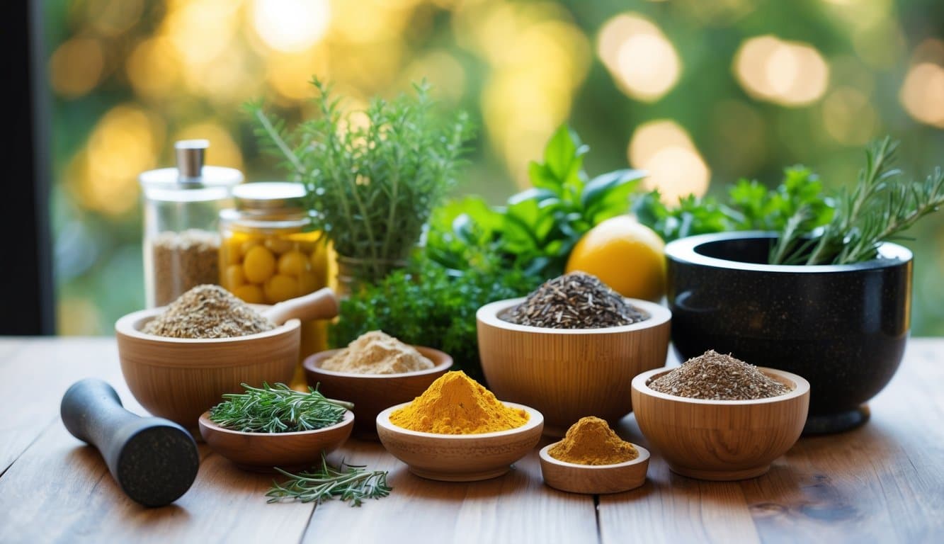 Uma coleção de ingredientes naturais e ervas dispostas sobre uma mesa de madeira, com um pilão e um almofariz próximos.
