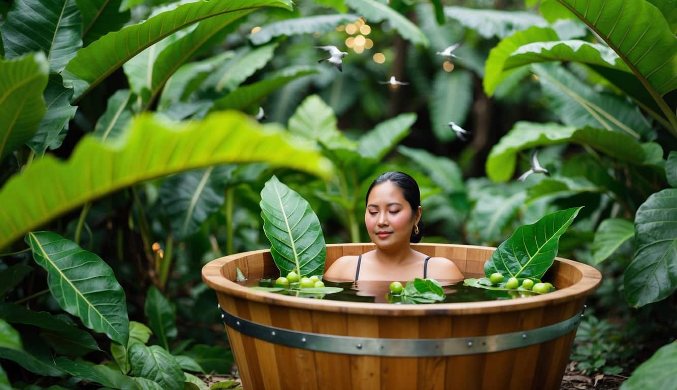 Uma pessoa senta em uma tina de madeira cheia de água e folhas de goiaba, cercada por uma vegetação exuberante e o som de pássaros cantando.