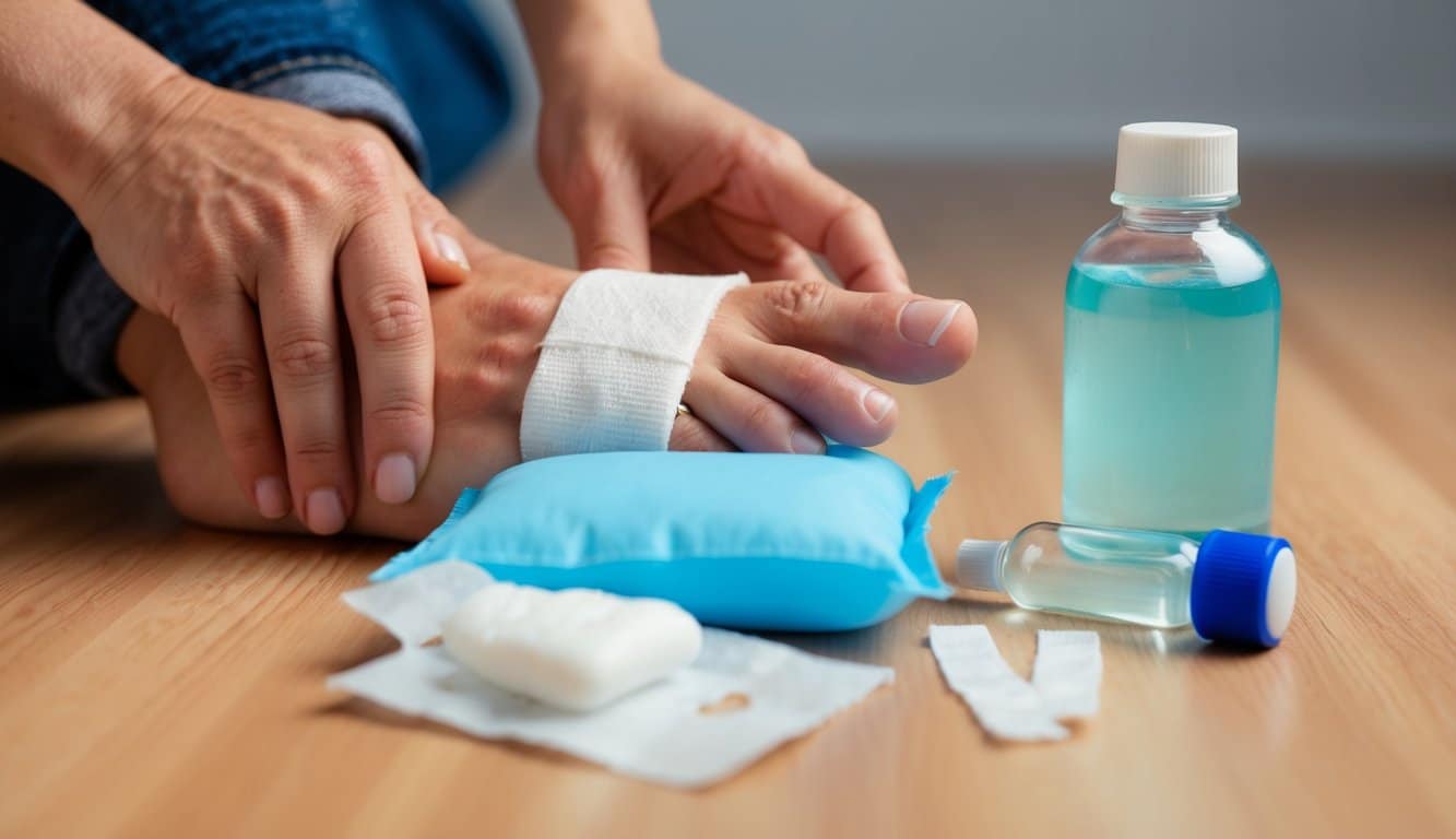 O pé de uma pessoa com uma unha do dedão machucada, cercado por uma bolsa de gelo, bandagens e uma garrafa de solução antisséptica.