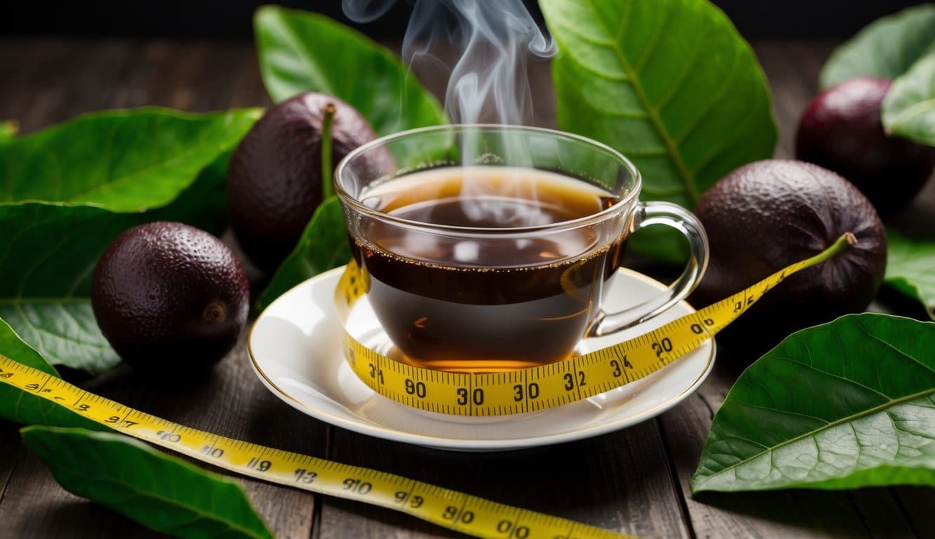 Uma xícara fumegante de chá de graviola cercada por frutas e folhas de graviola frescas, com uma fita métrica enrolada ao redor da xícara