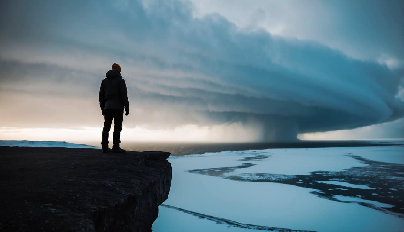 Uma figura solitária de pé na beira de um penhasco, olhando para uma vasta paisagem gelada com uma tempestade girando no horizonte.