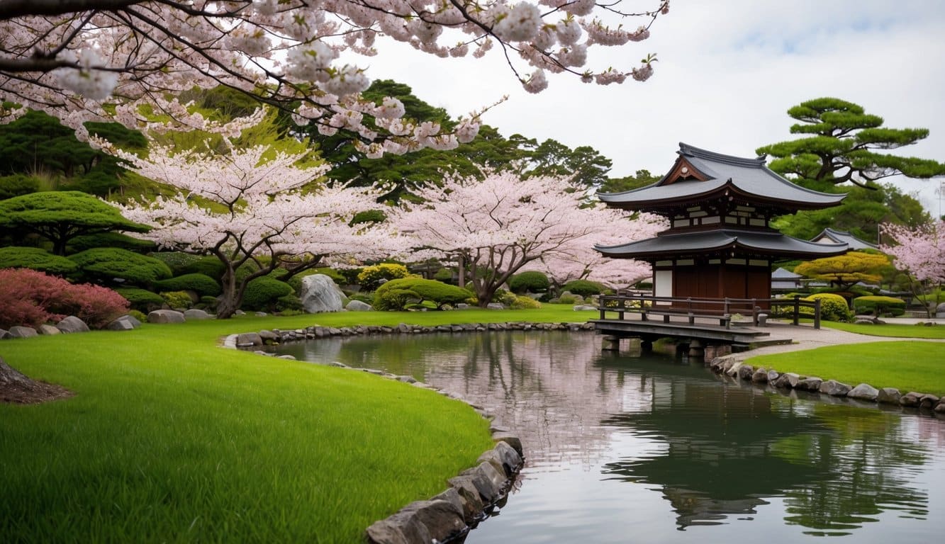 Um jardim japonês tradicional com um lago sereno, flores de cerejeira em flor e uma pequena ponte de madeira, evocando uma sensação de despedida pacífica