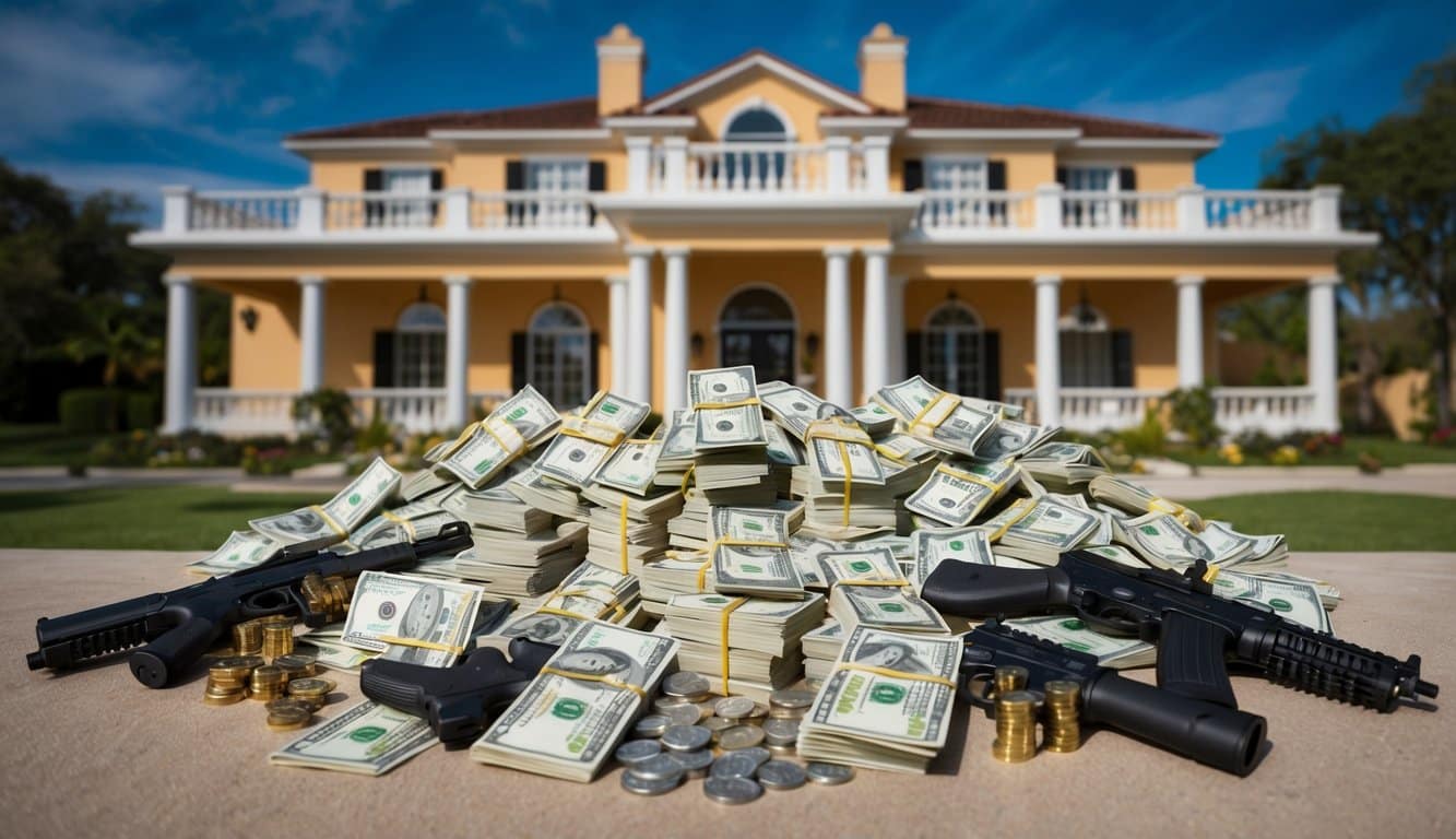 Uma mansão luxuosa com pilhas de dinheiro, drogas e armas, simbolizando a ascensão e a fortuna de Griselda Blanco no tráfico de drogas.
