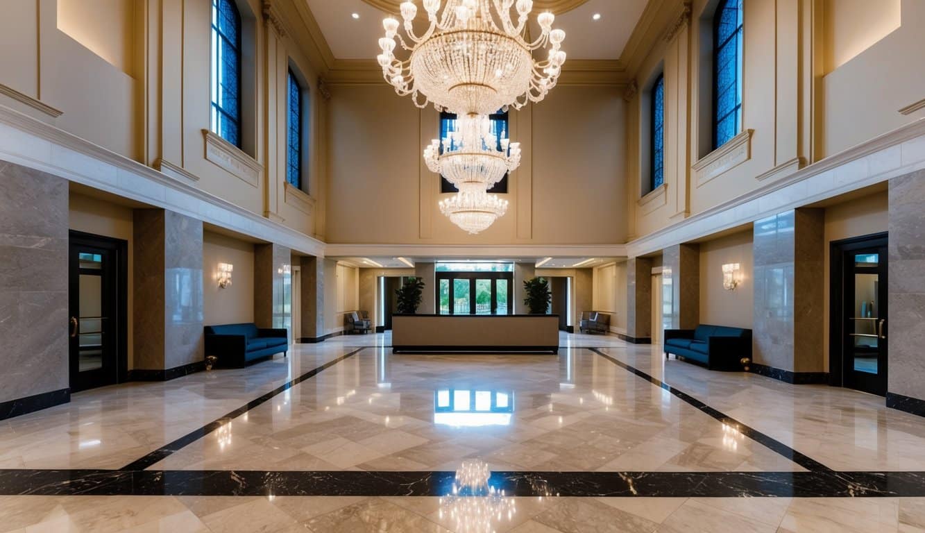 Um grandioso hall de entrada com tetos altos, pisos de mármore e lustres elaborados. Uma recepção e áreas de estar confortáveis convidam os visitantes a permanecer.