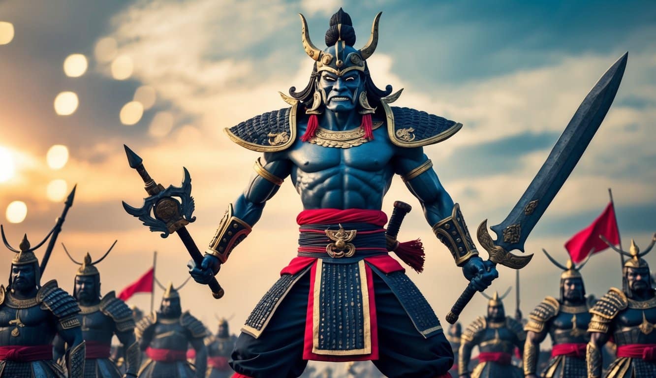 Um poderoso deus da guerra nagô se destaca, empunhando uma arma poderosa, cercado por símbolos de força e vitória.