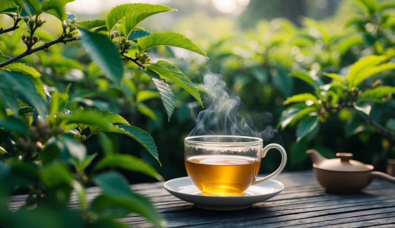 Um sereno jardim de chá com folhas verdes e luxuriantes de amoreira sendo colhidas e preparadas em uma panela fumegante de chá