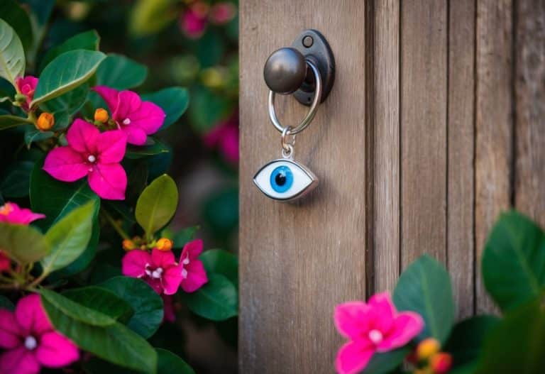Um pequeno charme de olho de vidro azul e branco pendura-se em uma porta de madeira rústica, cercada por flores vibrantes de buganvília.